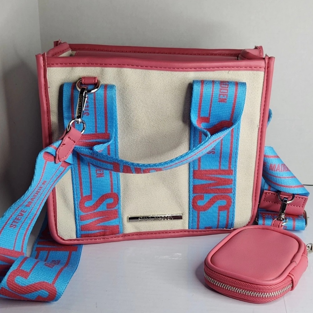 Steve Madden BWEBBER Canvas Crossbody Satchel Bag with AirPod Case Blue Pink